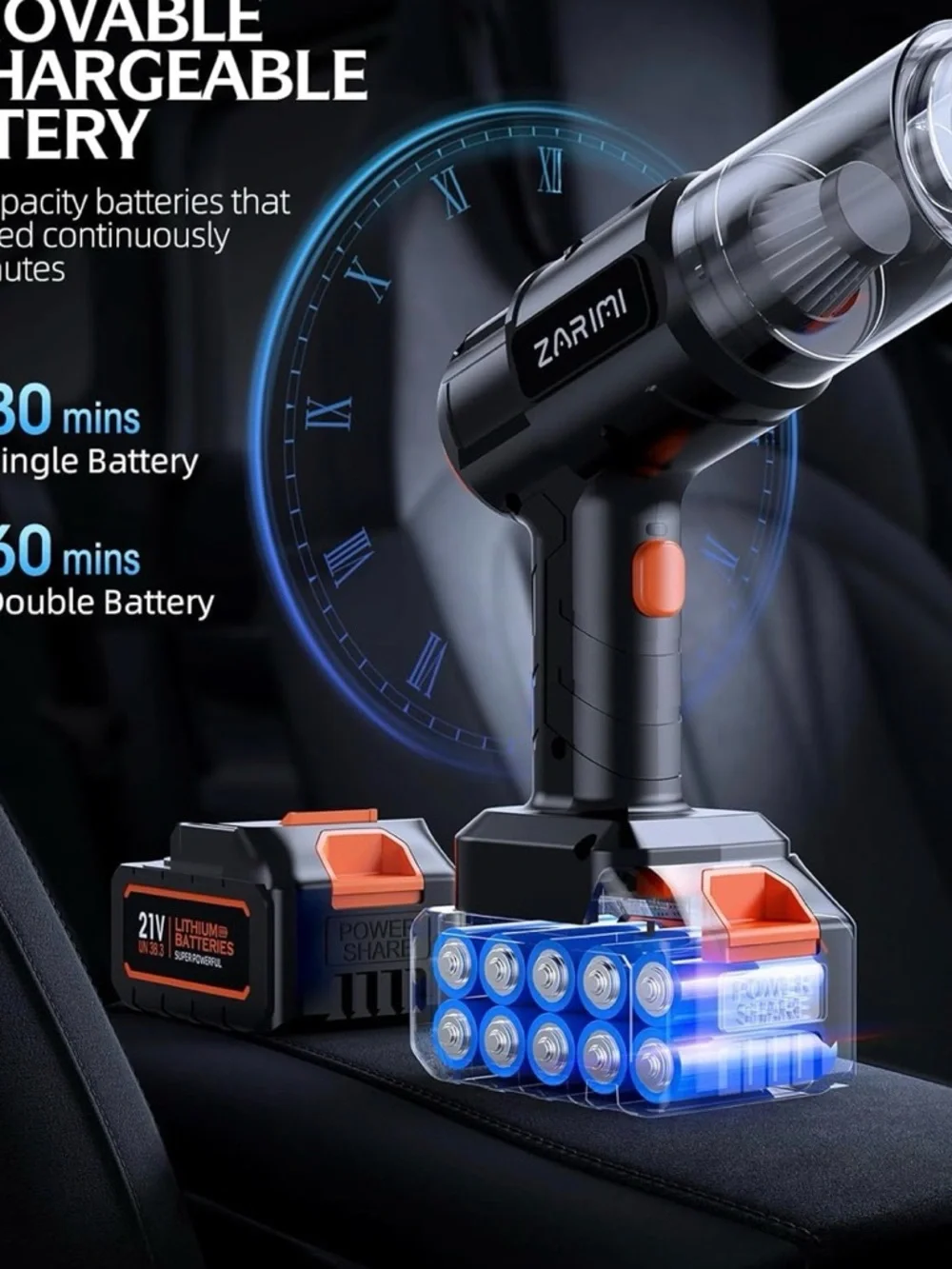 Dual Battery Portable Car Vacuum - High Power & 60min Runtime for Deep Cleaning